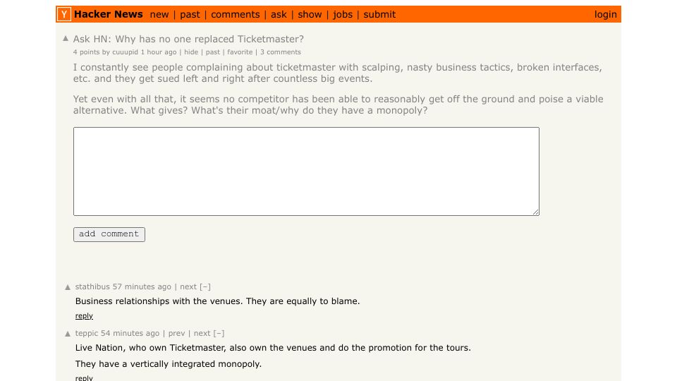Screenshot of Hacker News post: Ask HN: Why has no one replaced Ticketmaster?