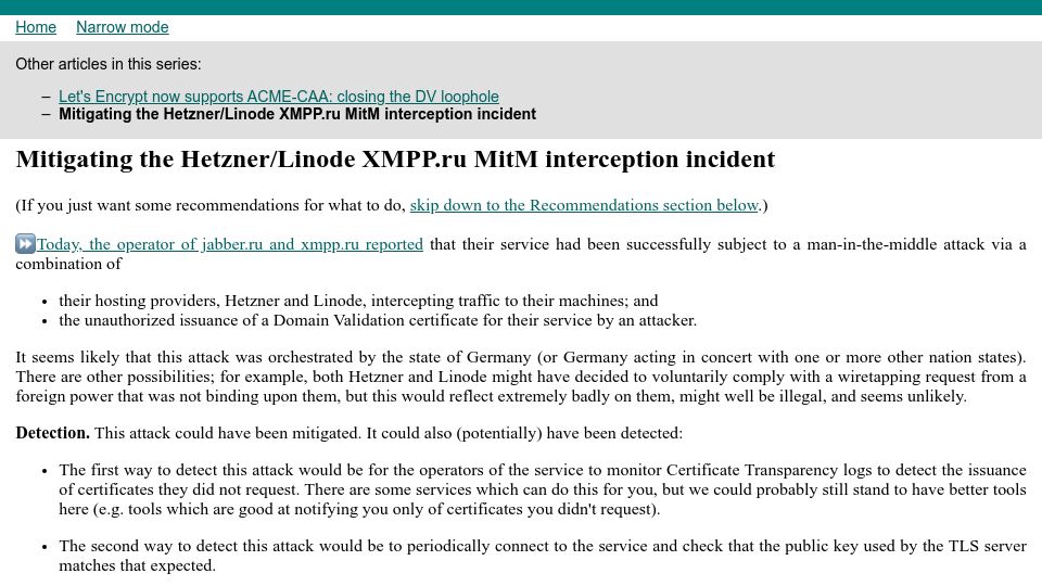 Screenshot of devever.net: Mitigating the Hetzner/Linode XMPP.ru MitM interception incident