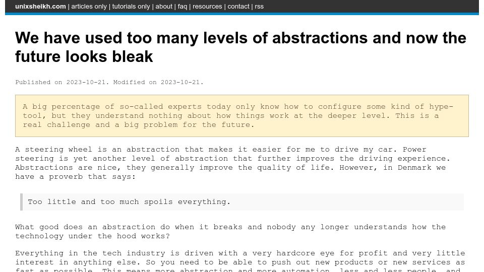 Screenshot of unixsheikh.com: We have used too many levels of abstractions