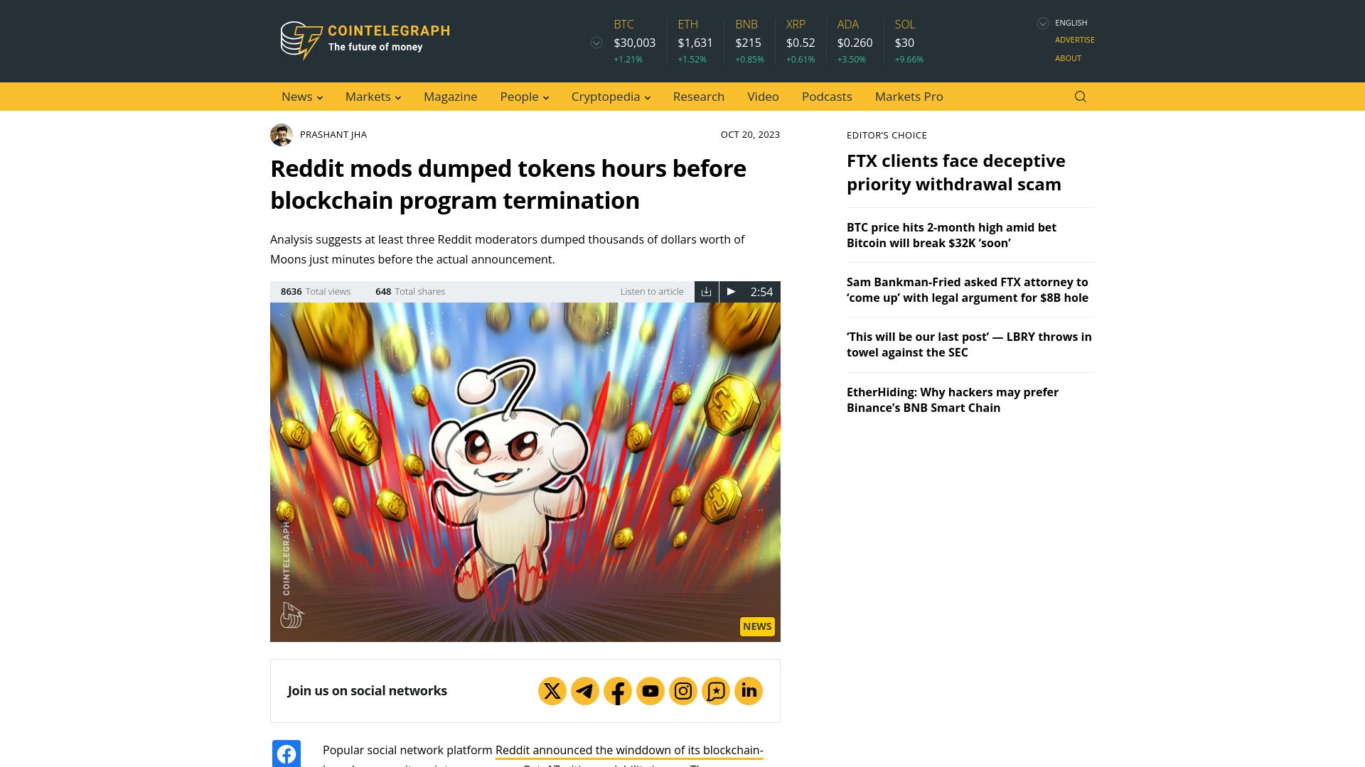 Screenshot of cointelegraph.com: Reddit mods dumped tokens hours before blockchain program termination