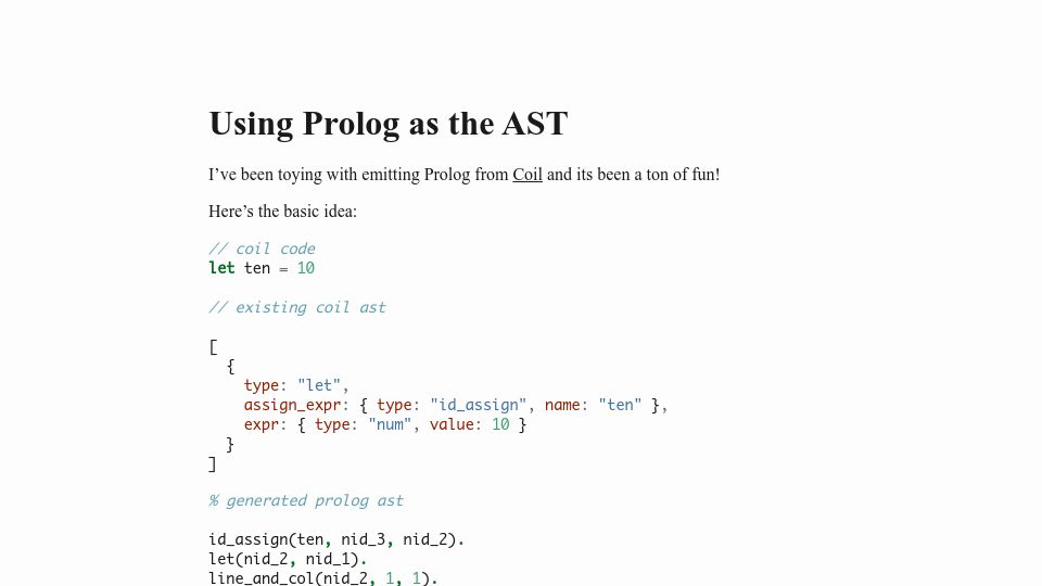 Screenshot of marcellerusu.com: Using Prolog as the AST