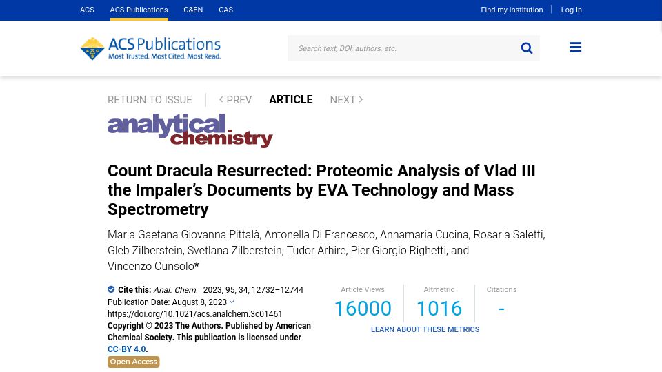 Screenshot of pubs.acs.org: Proteomic Analysis of Vlad III the Impaler's Documents
