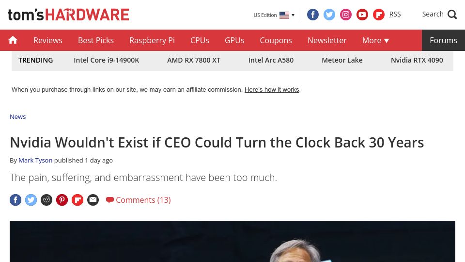 Screenshot of tomshardware.com: Nvidia Wouldn't Exist If CEO Could Turn the Clock Back 30 Years