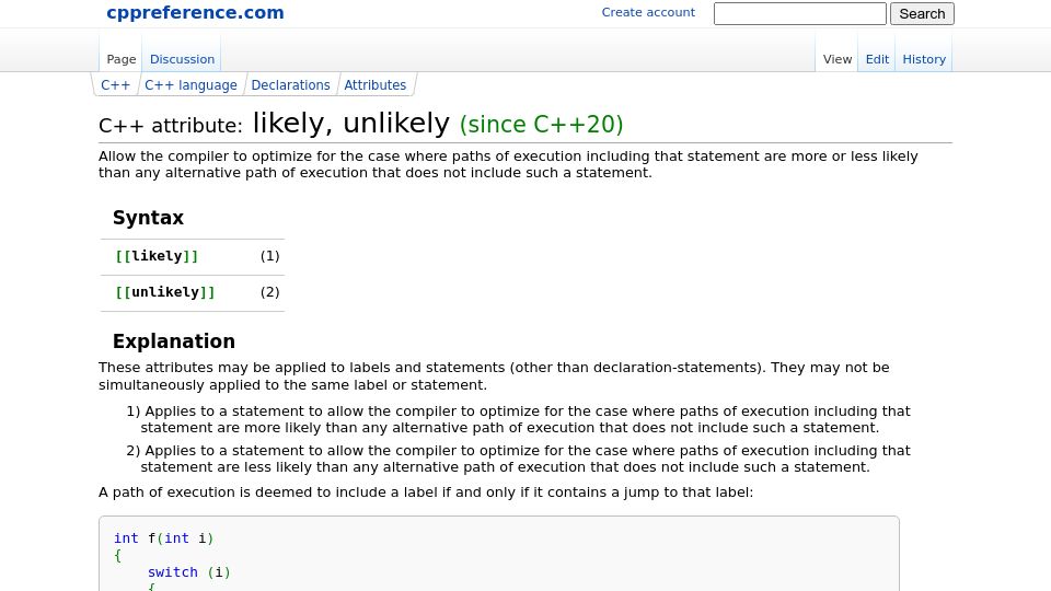 Screenshot of en.cppreference.com: C++ Attribute: Likely, Unlikely