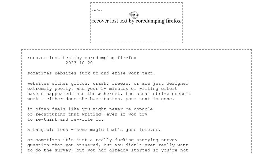 Screenshot of j3s.sh: Recover lost text by coredumping Firefox