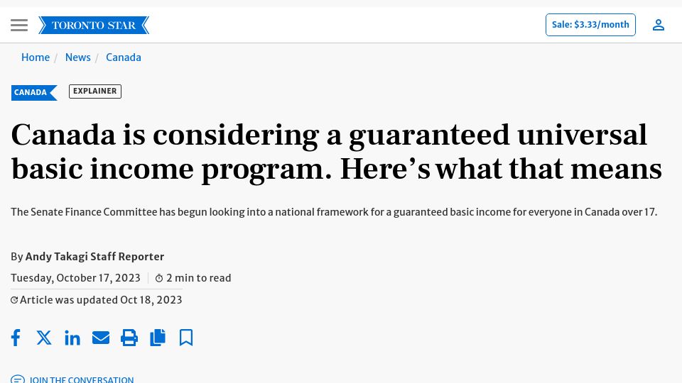 Screenshot of thestar.com: Canada is considering a guaranteed universal basic income program