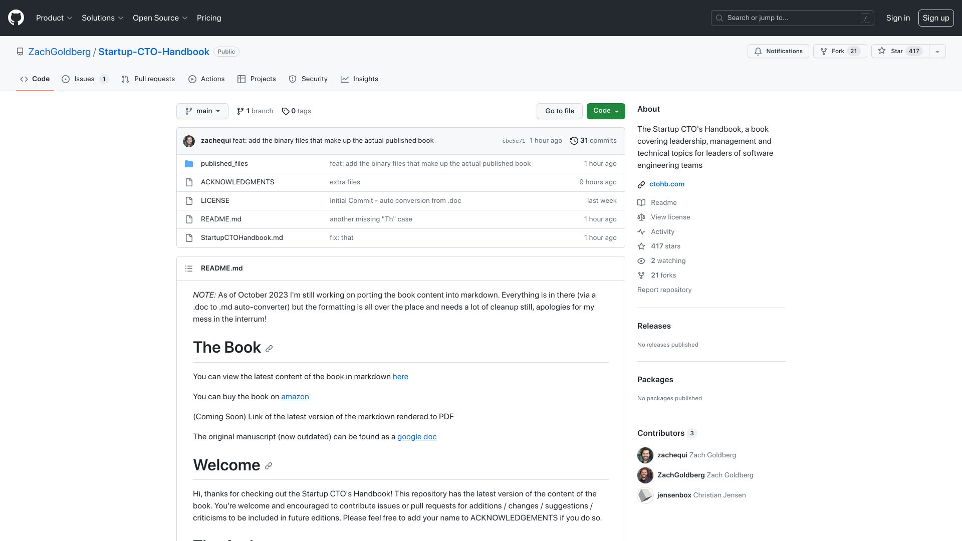 Screenshot of github.com: Startup CTO's Handbook