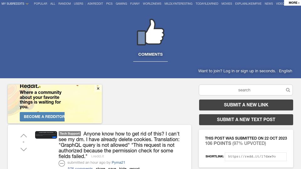 Screenshot of old.reddit.com: Facebook web desktop can not access messenger in widely experienced bug