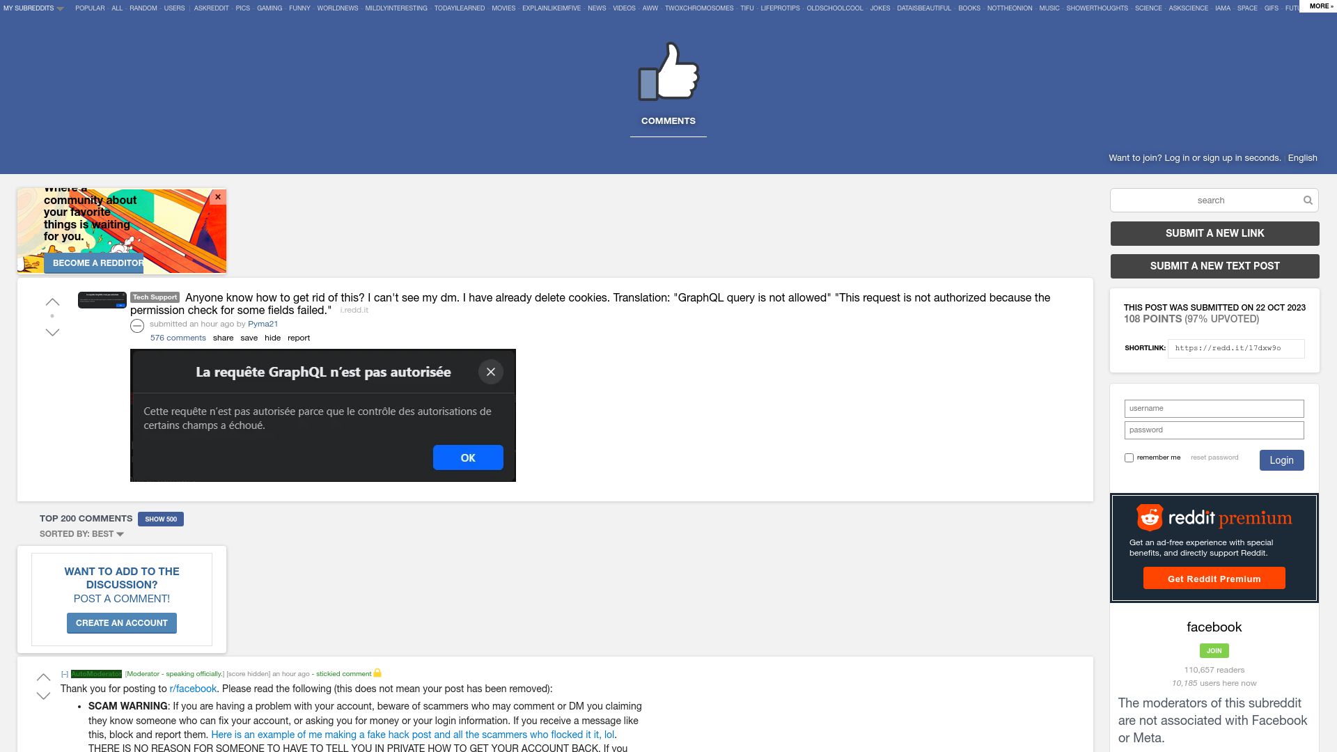 Screenshot of old.reddit.com: Facebook web desktop can not access messenger in widely experienced bug