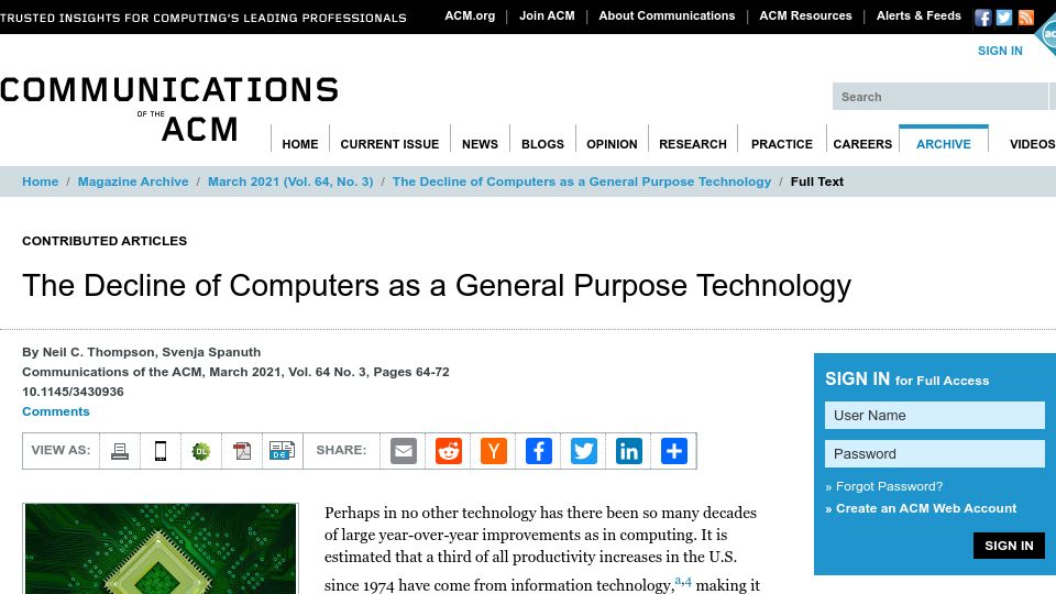 Screenshot of cacm.acm.org: The decline of computers as a general-purpose technology (2021)