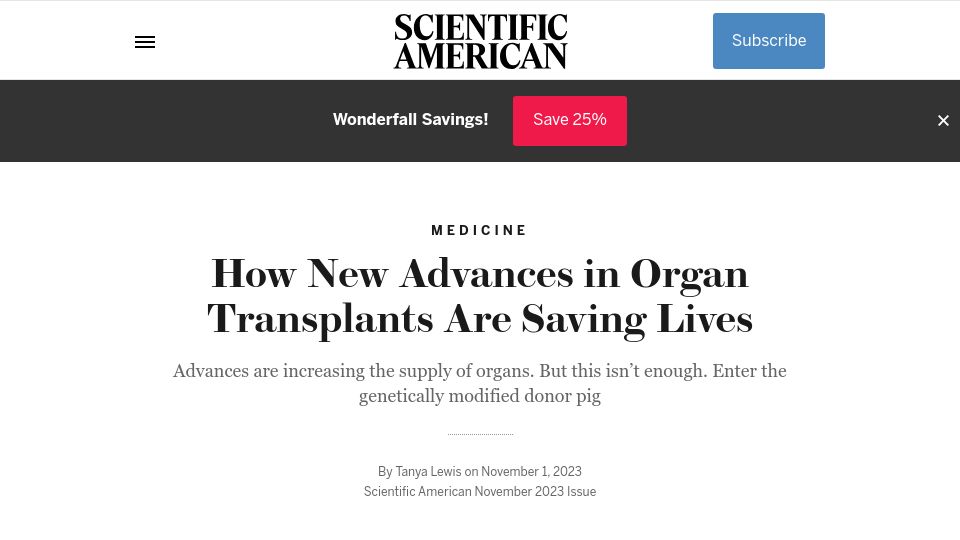 Screenshot of scientificamerican.com: New Advances in Organ Transplants Are Saving Lives