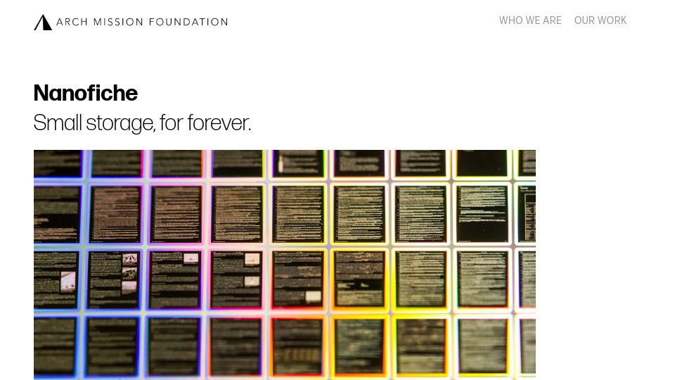 Screenshot of archmission.org: Nanofiche: Small Storage, for Forever
