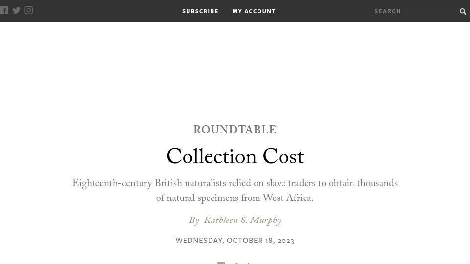 Screenshot of laphamsquarterly.org: Collection Cost: Eighteenth-century British naturalists in west Africa