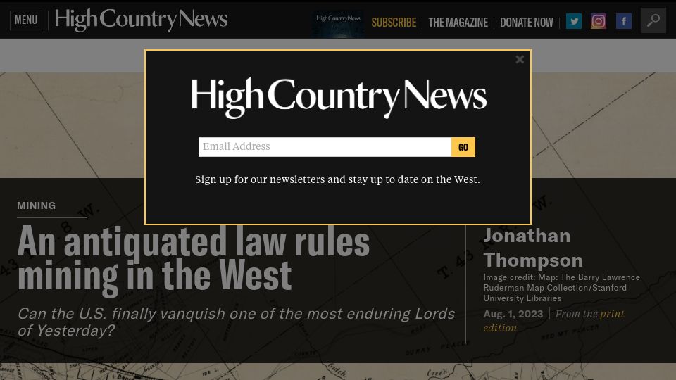 Screenshot of hcn.org: An antiquated law rules mining in the West