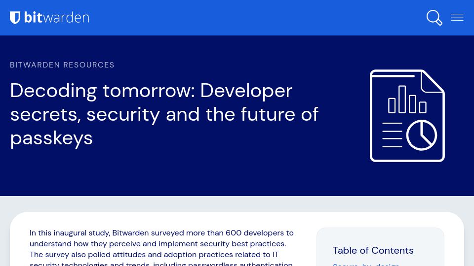 Screenshot of bitwarden.com: Bitwarden developer survey: Secrets, security and the future of passkeys