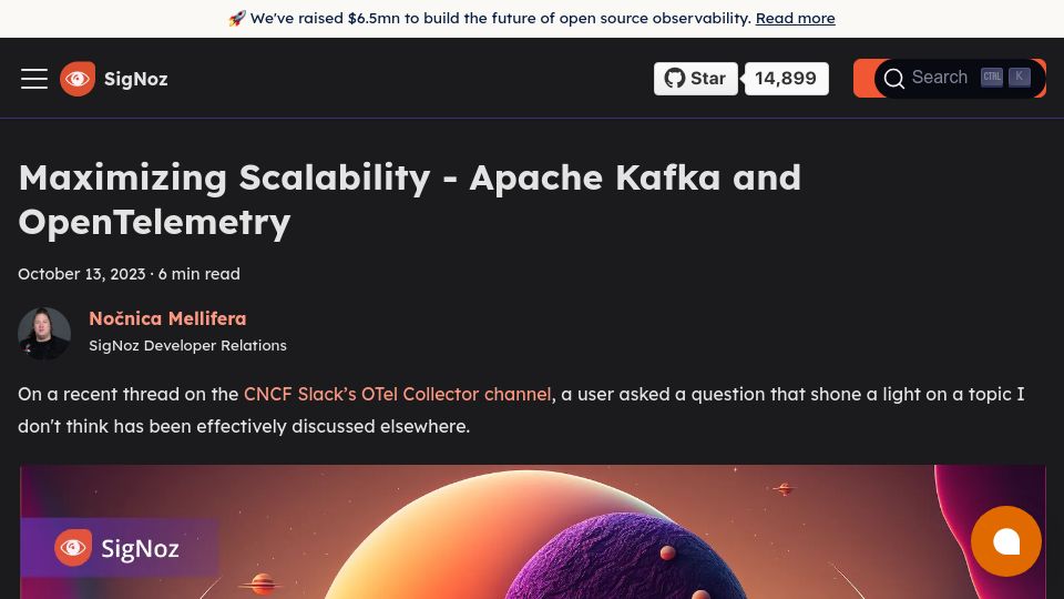 Screenshot of signoz.io: OpenTelemetry at Scale: Using Kafka to handle bursty traffic
