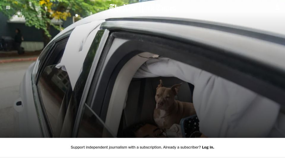 Screenshot of nytimes.com: I live in my car: Parking lots open for those who can afford a car but not rent