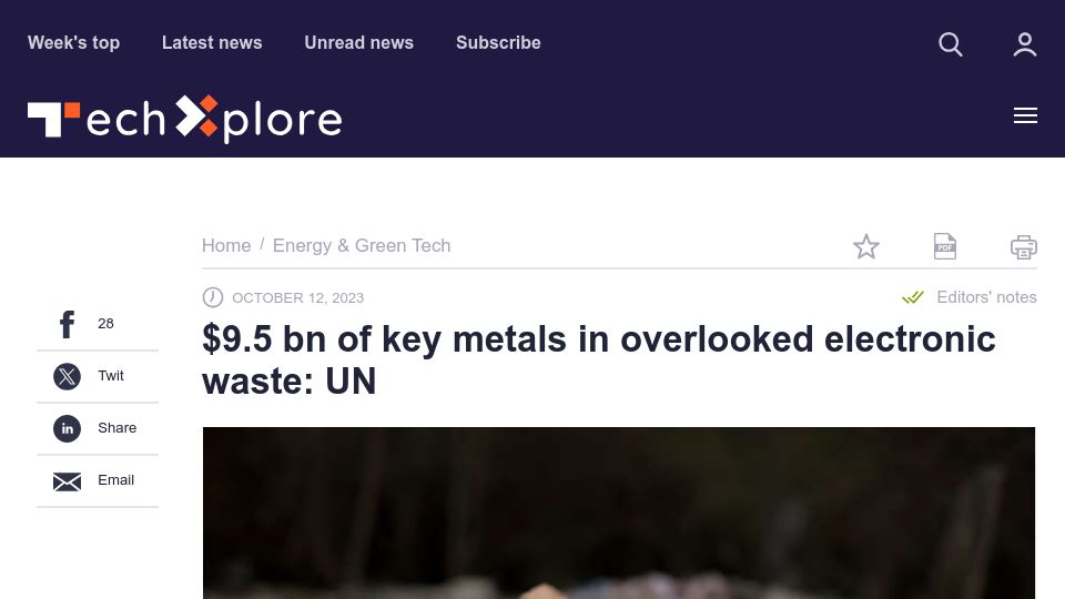Screenshot of techxplore.com: $9.5B of key metals in overlooked electronic waste: UN