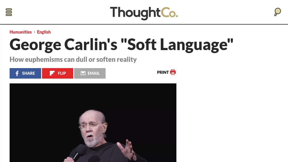 Screenshot of thoughtco.com: George Carlin's "Soft Language" (2019)