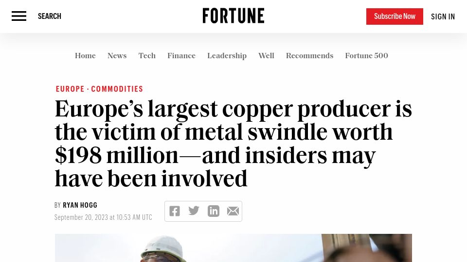Screenshot of fortune.com: Europe's largest copper producer is the victim of metal swindle worth $198M
