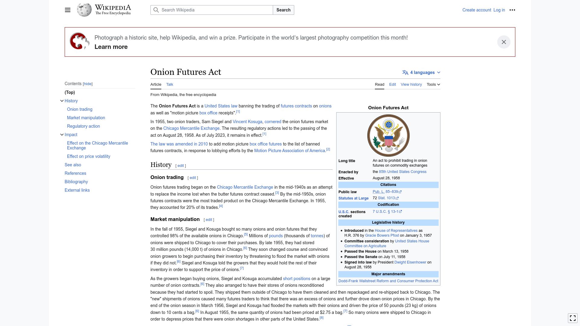 Screenshot of en.wikipedia.org: Onion Futures Act