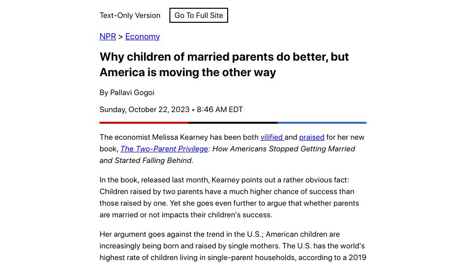 Screenshot of npr.org: Children of married parents do better, but America is moving the other way