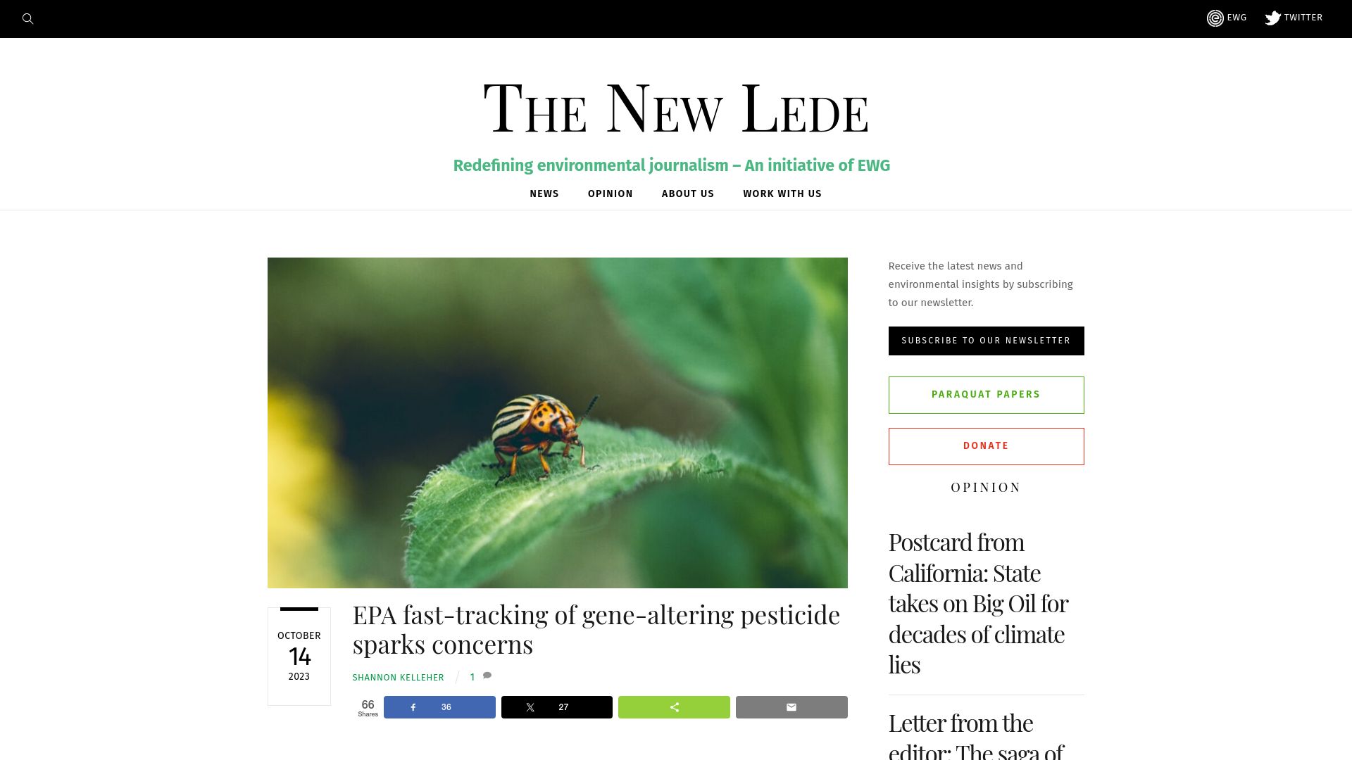 Screenshot of thenewlede.org: EPA fast-tracking of gene-altering pesticide sparks concerns