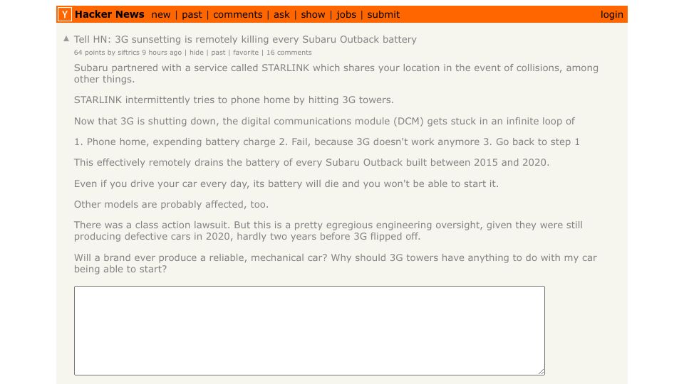 Screenshot of Hacker News post: Tell HN: 3G sunsetting is remotely killing every Subaru Outback battery