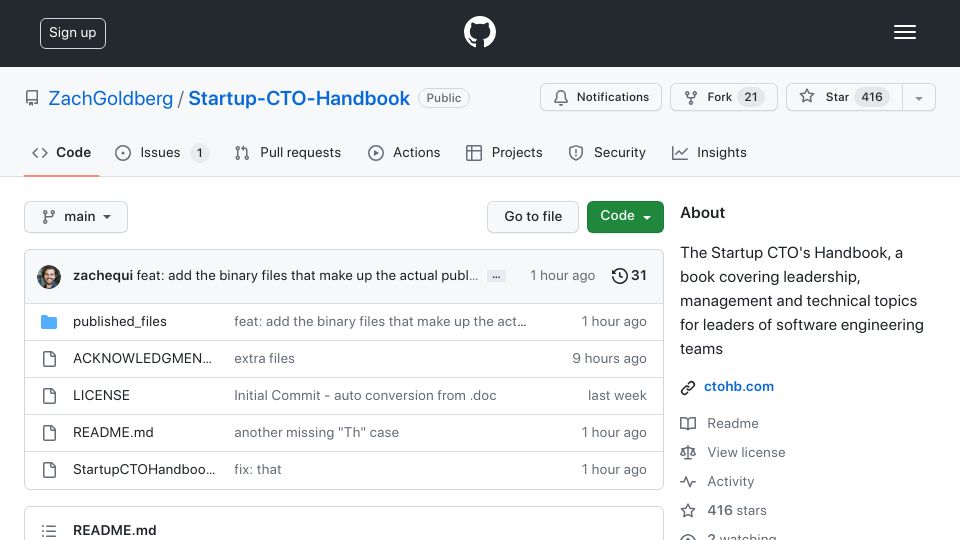 Screenshot of github.com: Startup CTO's Handbook