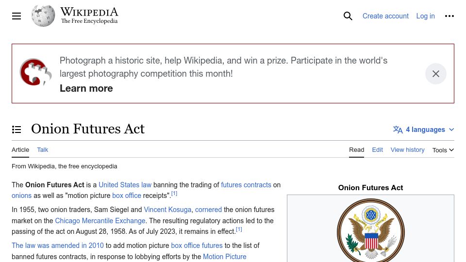Screenshot of en.wikipedia.org: Onion Futures Act