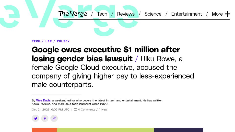 Screenshot of theverge.com: Google owes executive $1M after losing gender bias lawsuit
