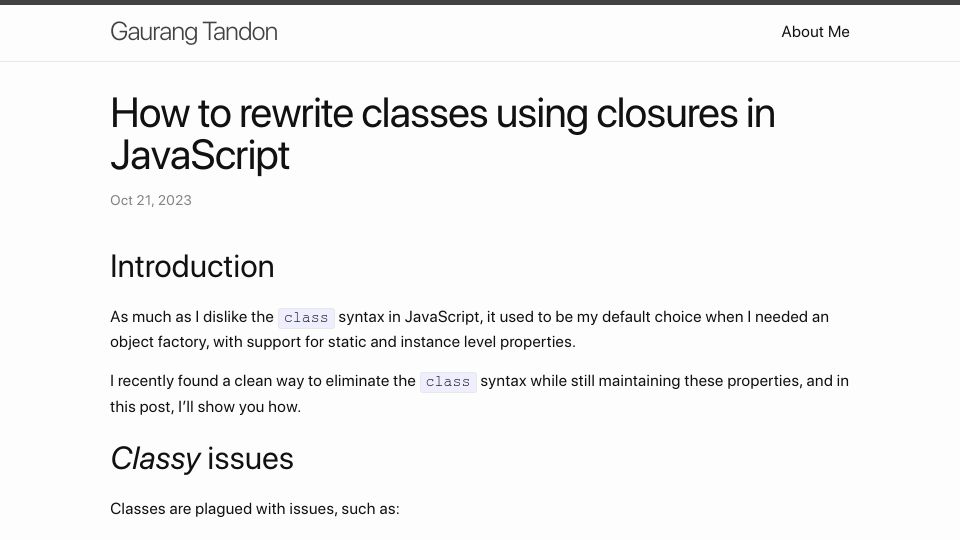 Screenshot of gaurangtandon.com: How to rewrite classes using closures in JavaScript