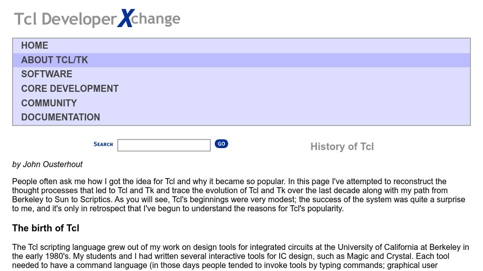 Screenshot of tcl.tk: History of Tcl