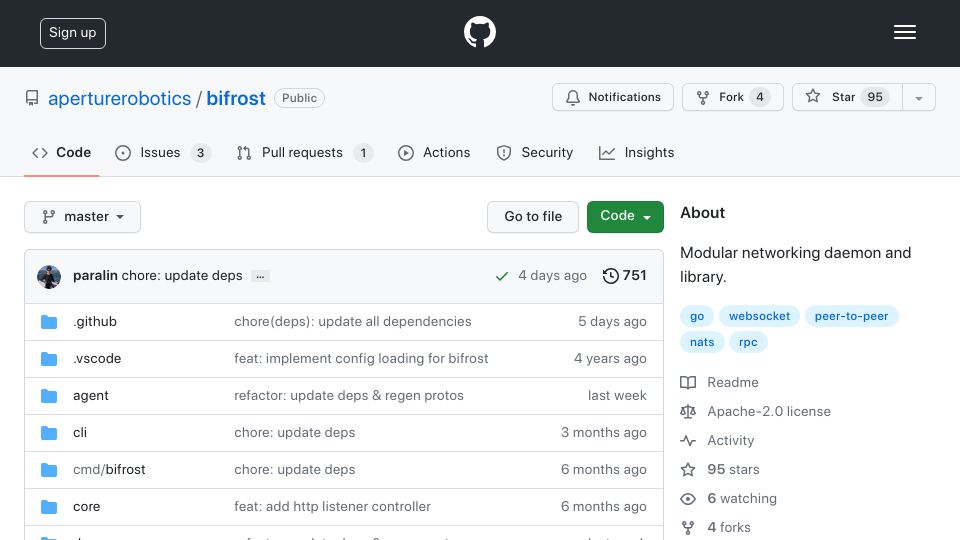 Screenshot of github.com: Bifrost: A peer-to-peer communications engine with pluggable transports