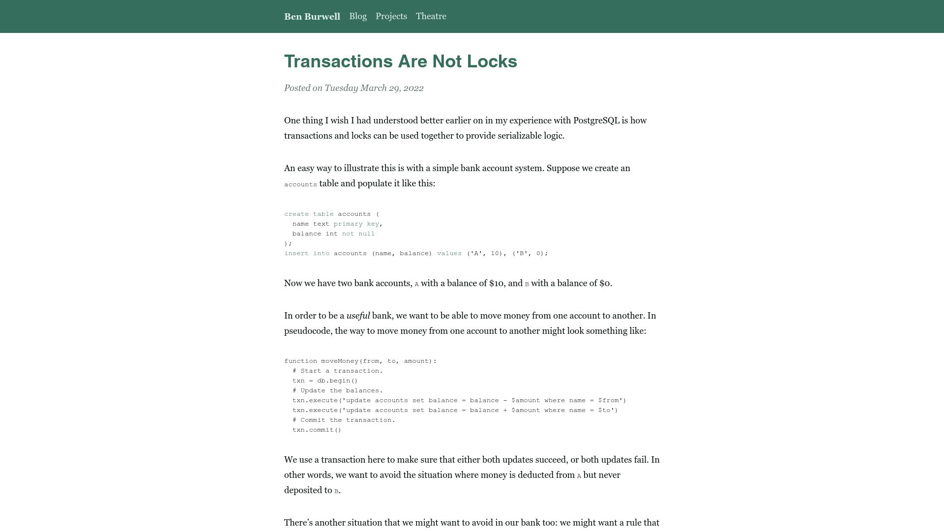 Screenshot of benburwell.com: Transactions Are Not Locks (2022)