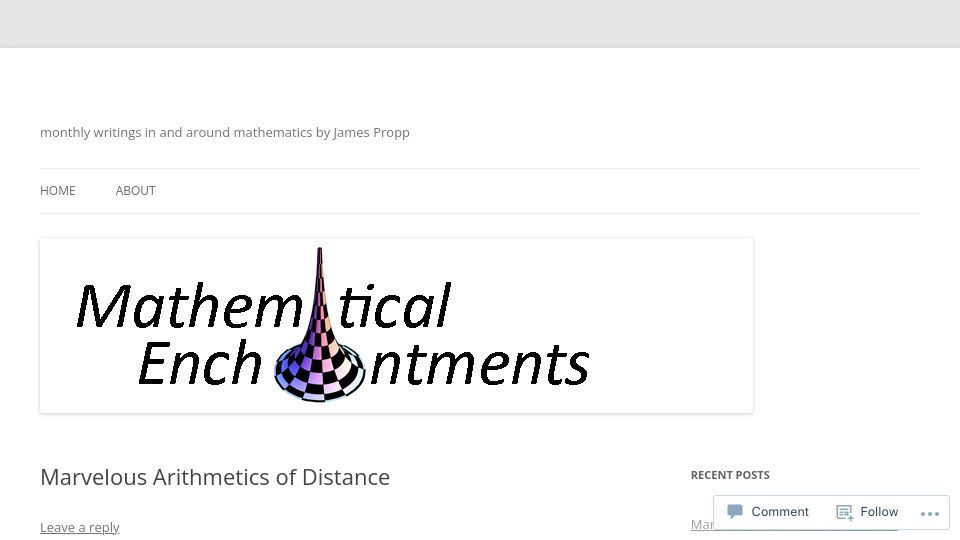 Screenshot of mathenchant.wordpress.com: Marvelous Arithmetics of Distance