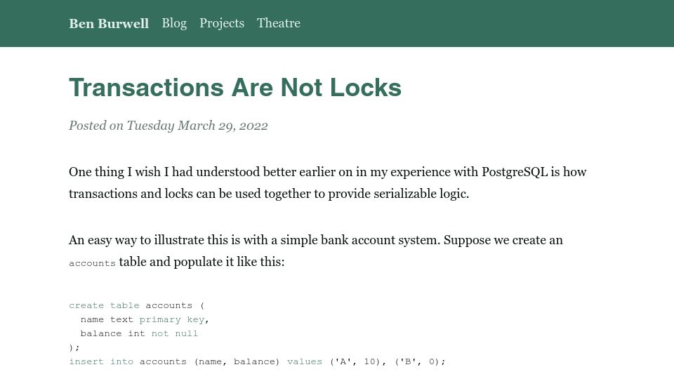 Screenshot of benburwell.com: Transactions Are Not Locks (2022)