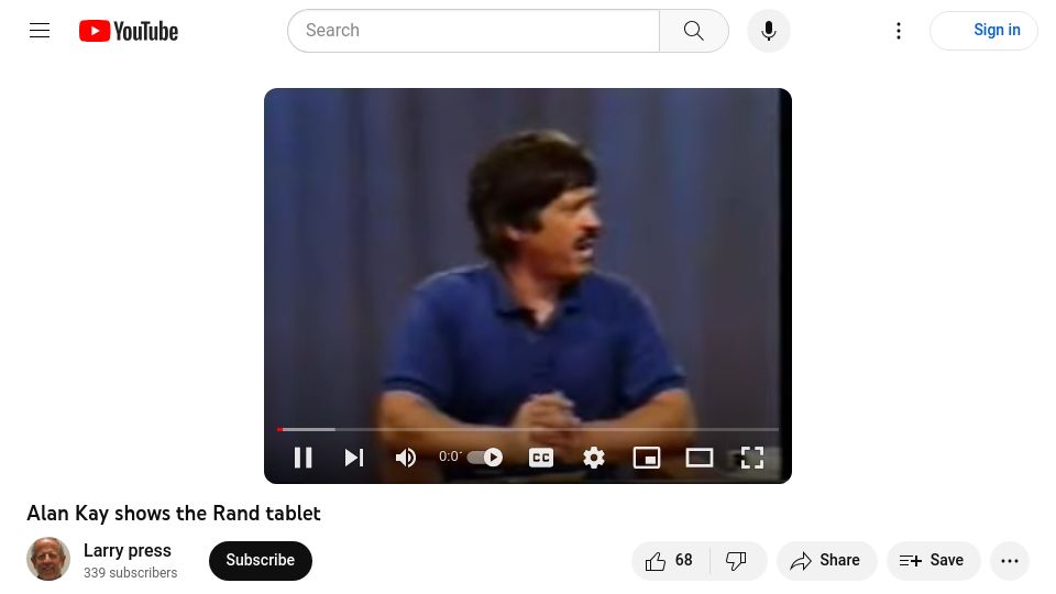 Screenshot of youtube.com: Alan Kay shows the Rand tablet [video]