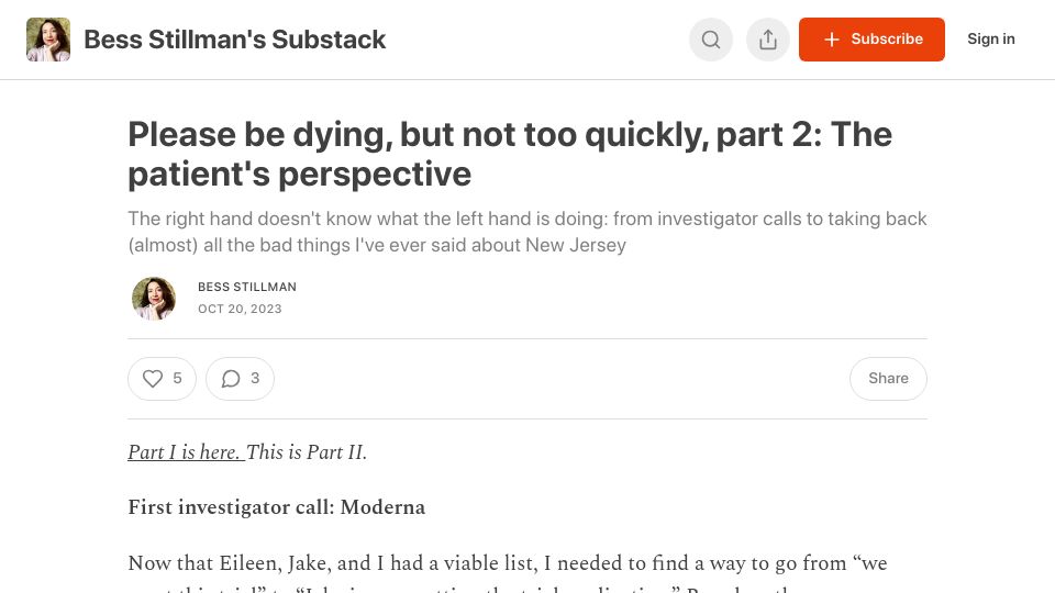 Screenshot of bessstillman.substack.com: Please be dying, but not too quickly, part 2: The patient's perspective