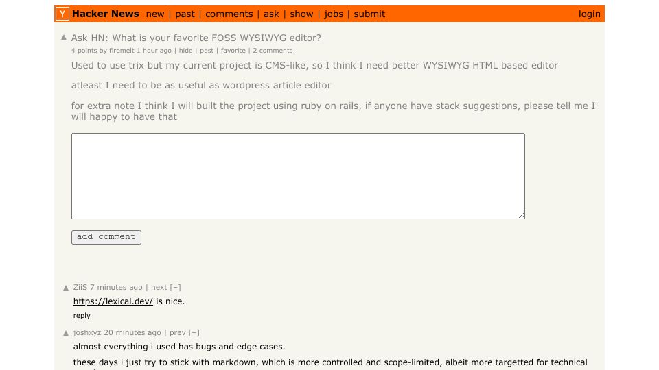 Screenshot of Hacker News post: Ask HN: What is your favorite FOSS WYSIWYG editor?
