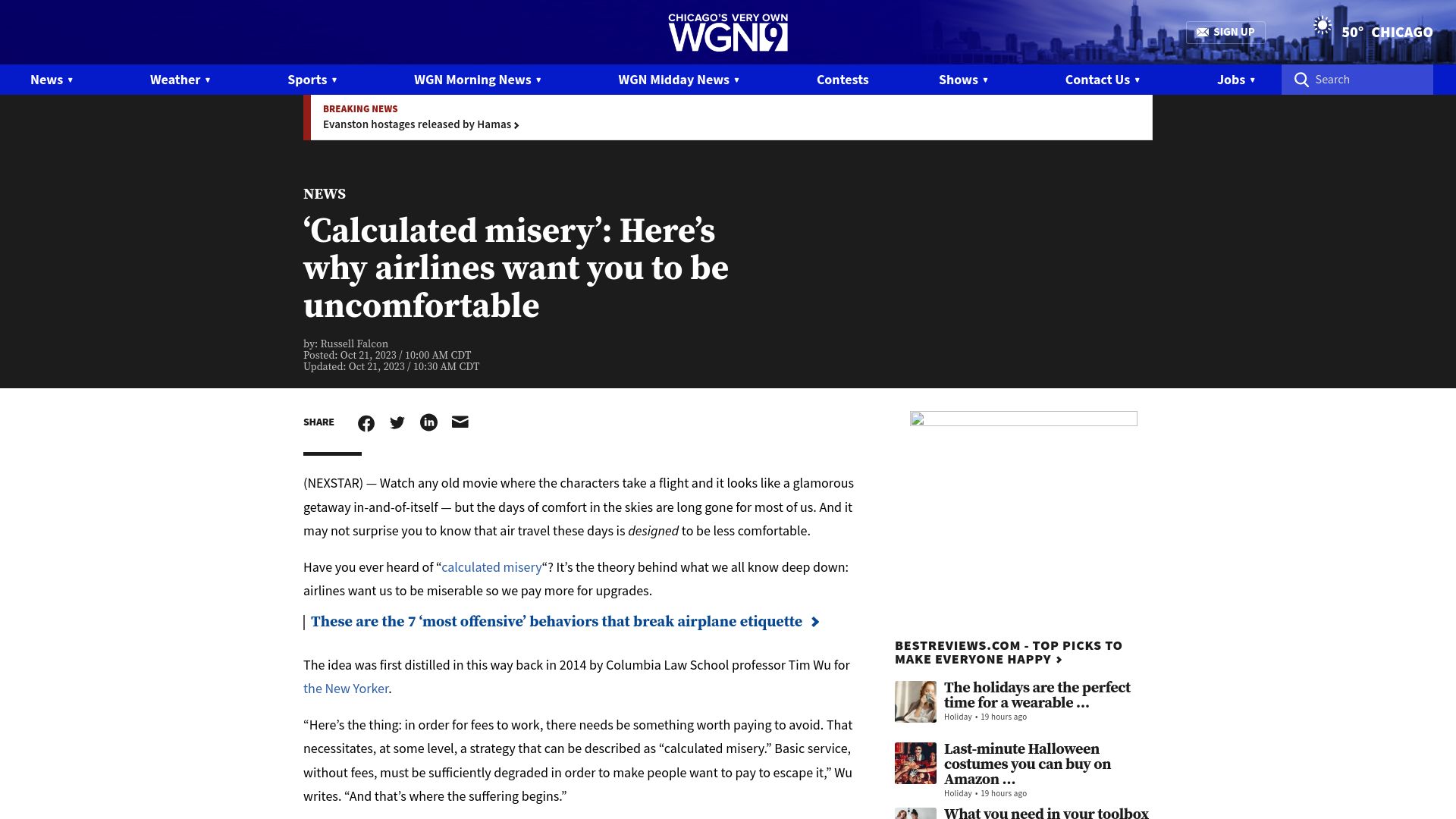 Screenshot of wgntv.com: Calculated misery: why airlines want you to be uncomfortable