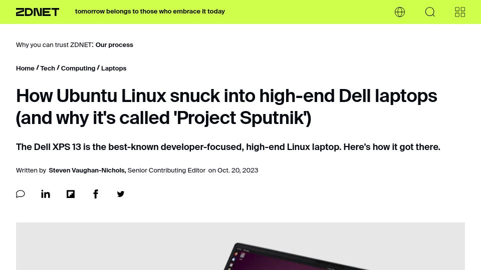 Screenshot of zdnet.com: Ubuntu Linux snuck into high-end Dell laptops