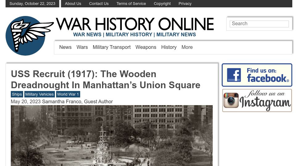 Screenshot of warhistoryonline.com: USS Recruit (1917): The Wooden Dreadnought in Manhattan's Union Square