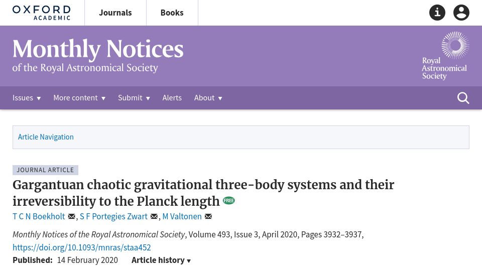 Screenshot of academic.oup.com: Chaotic gravitational systems and their irreversibility to the Planck length