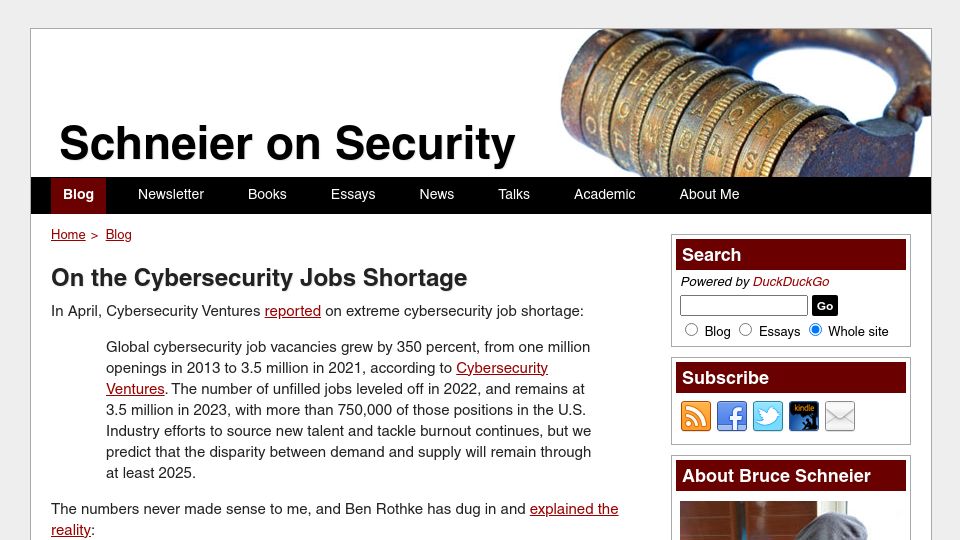 Screenshot of schneier.com: Bruce Schneier: On the Cybersecurity Jobs Shortage