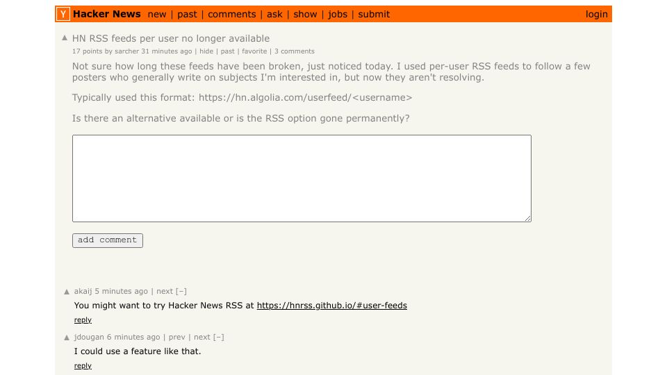 Screenshot of Hacker News post: HN RSS feeds per user no longer available