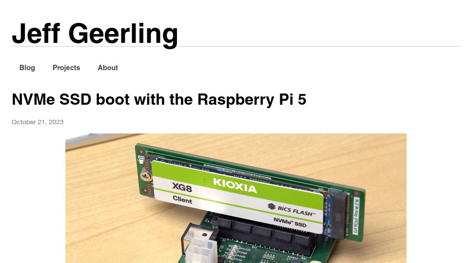 Screenshot of jeffgeerling.com: NVMe SSD boot with the Raspberry Pi 5