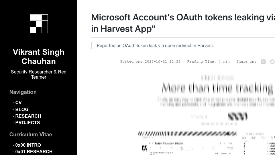 Screenshot of eval.blog: Stealing OAuth tokens of Microsoft accounts via open redirect in Harvest App