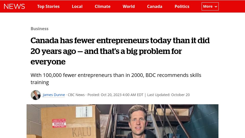 Screenshot of cbc.ca: Canada has fewer entrepreneurs today than it did 20 years ago