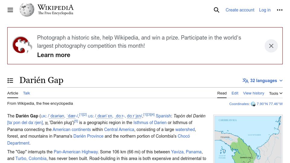 Screenshot of en.wikipedia.org: The Darién Gap